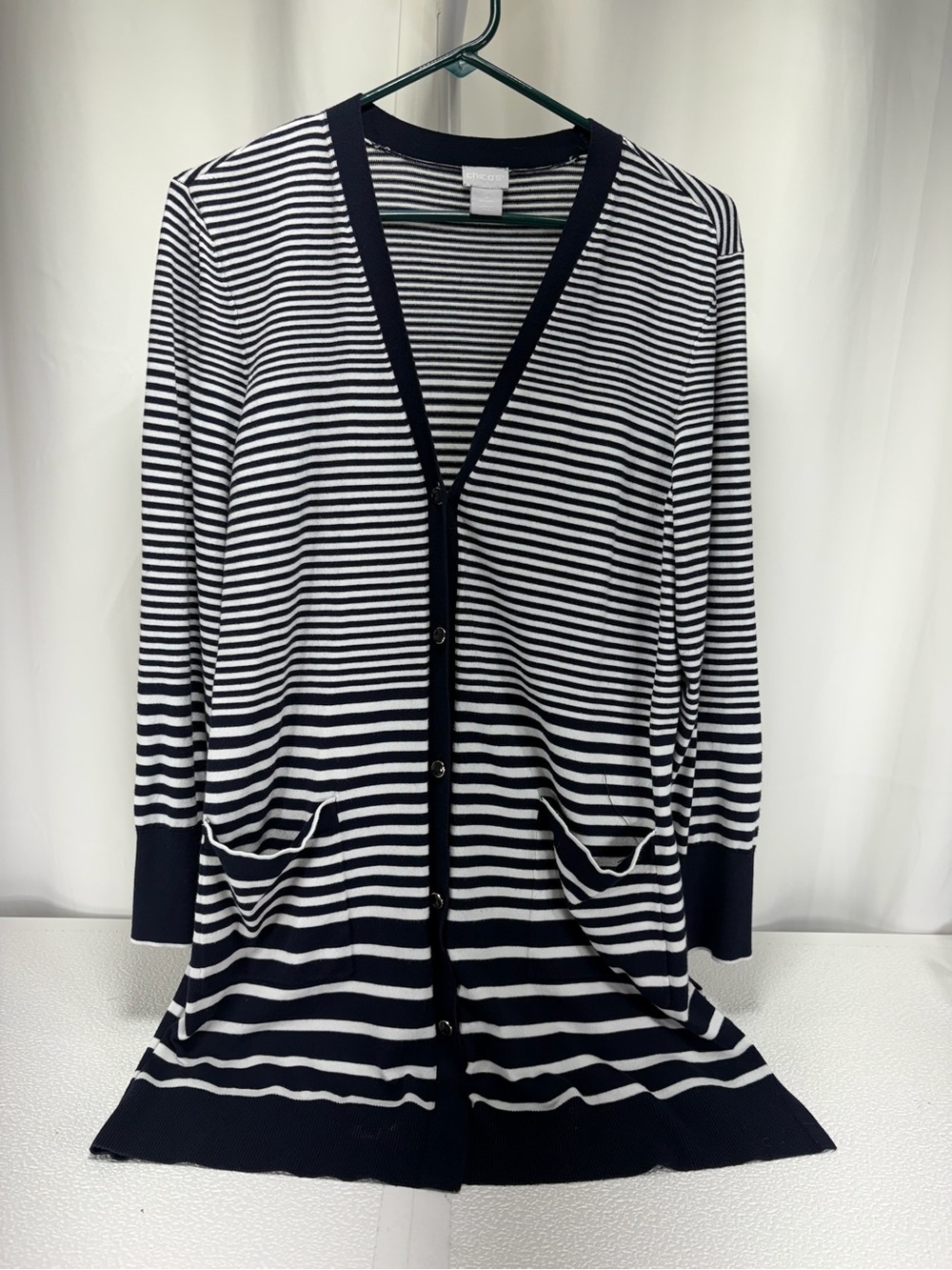 Chico's Navy and White Striped Long Cardigan 4652